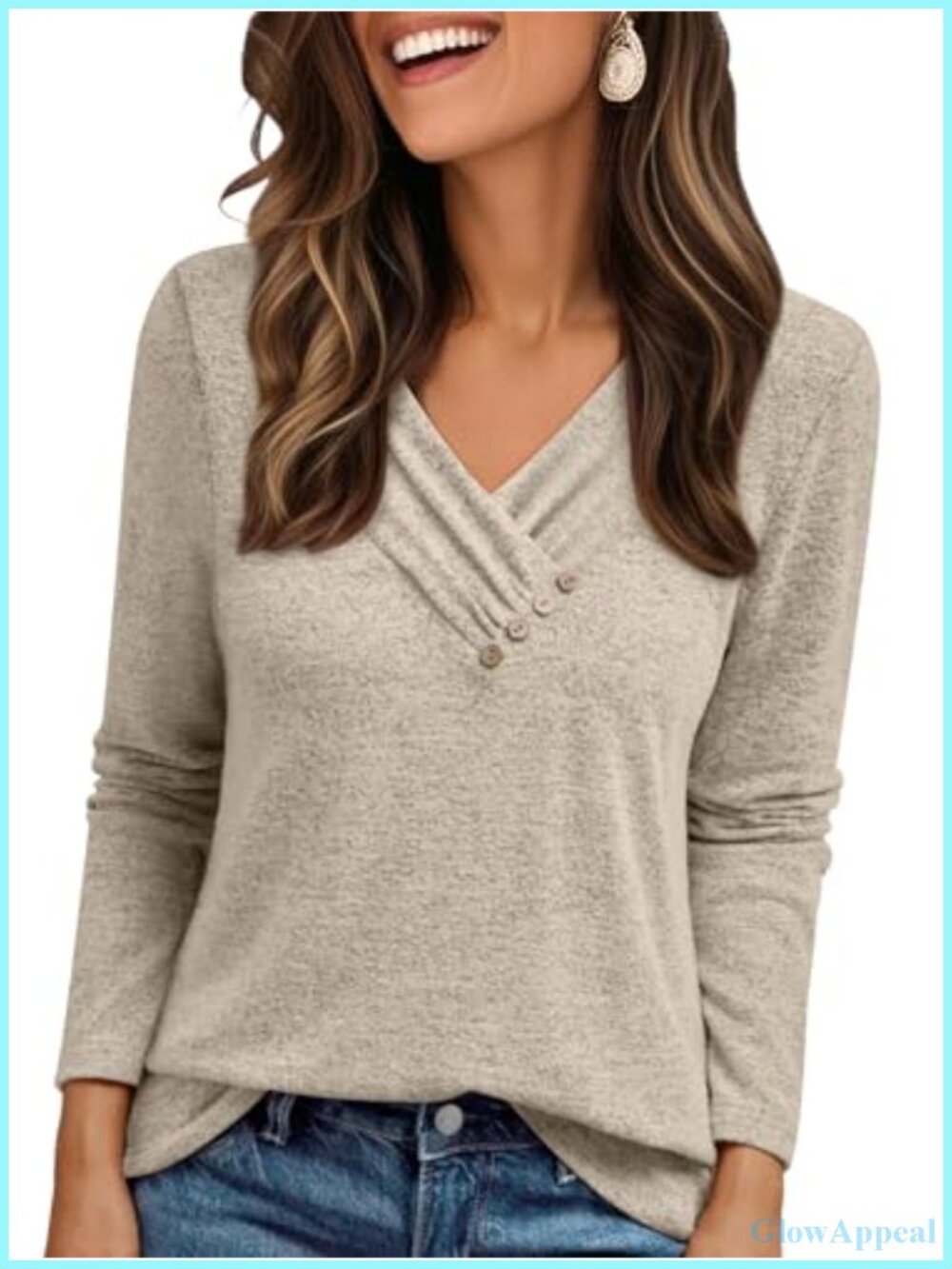Womens Long Sleeve Tunic V-Neck Button Blouse Business Casual Top